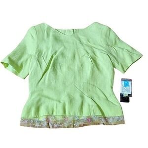 Vintage‎ Althuser Green Linen Blazer Short Sleeve Button Back Floral Trim USA 6